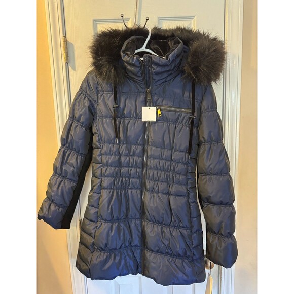 Calvin Klein Performance Navy Coat Womens Sz. M Faux Fur Hooded Puffer Jacket - Picture 2 of 13